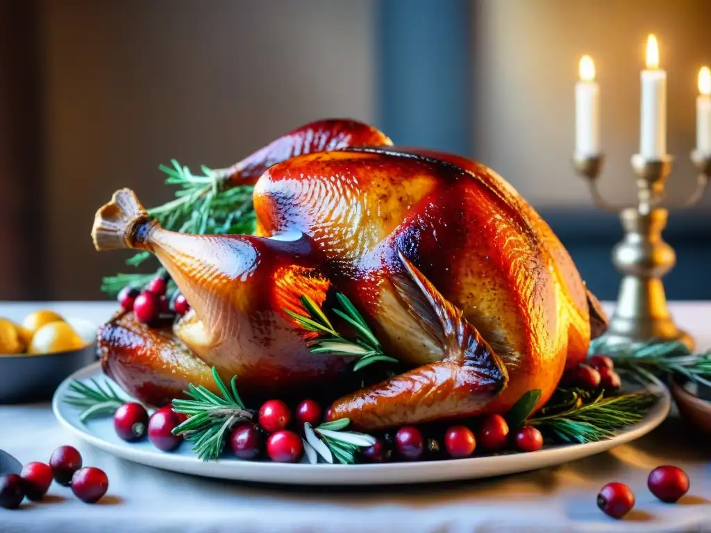 Un festín navideño: pavo glaseado con arándanos, vegetales dorados y decoración festiva en la mesa