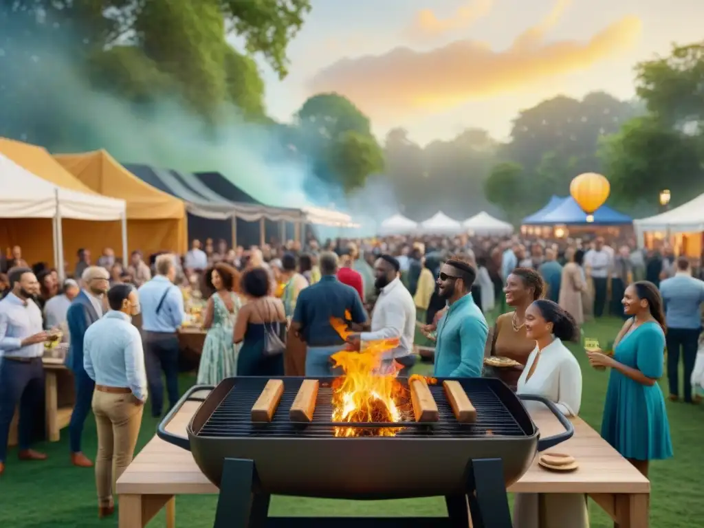 Gran evento al aire libre con parrilla sostenible, banners coloridos y gente disfrutando comida a la parrilla