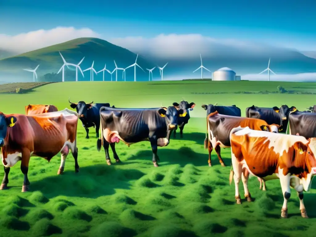 Una granja futurista y sostenible con pastos verdes, paneles solares y ganado feliz, representando la producción sostenible de carne asada