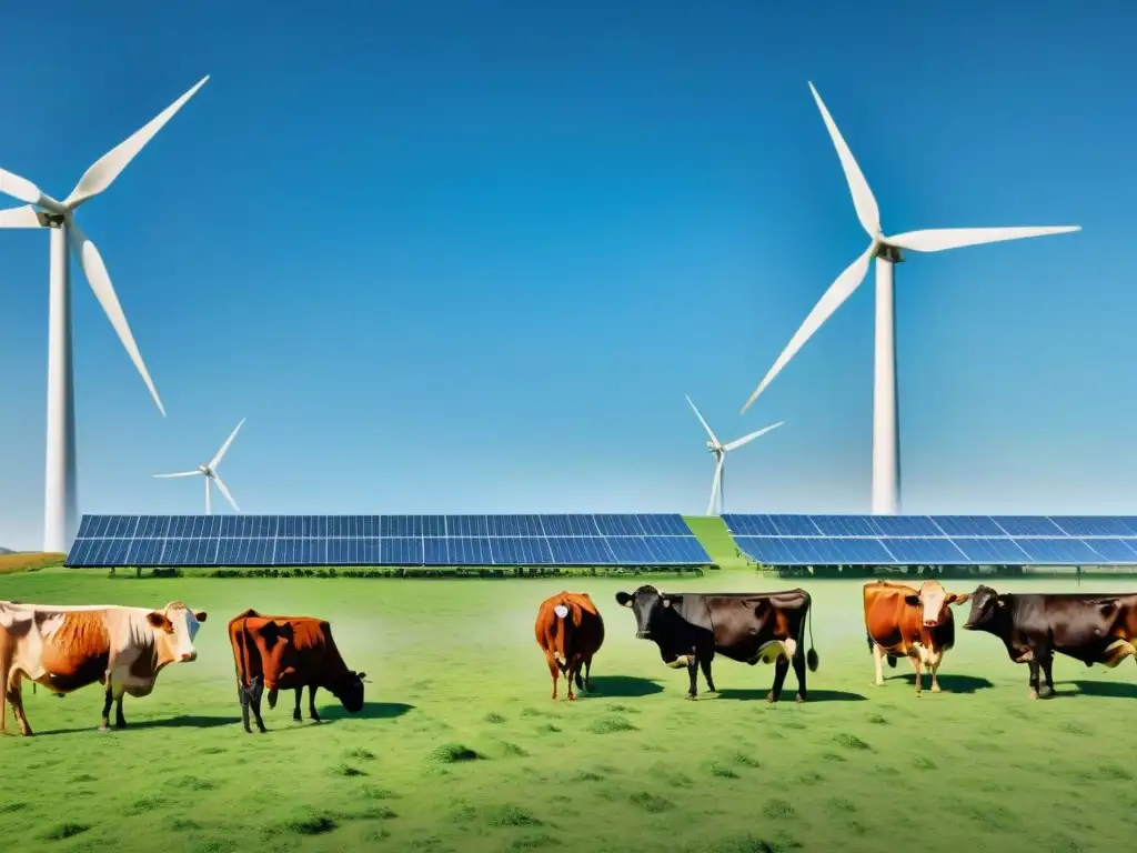 Una granja moderna y ecológica con vacas contentas pastando en prados verdes, mientras paneles solares y turbinas eólicas brillan al sol