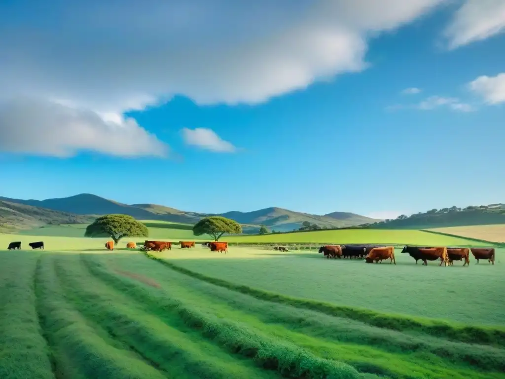 Granjas sostenibles en Uruguay: vacas felices pastando en un paisaje pintoresco bajo un cielo azul