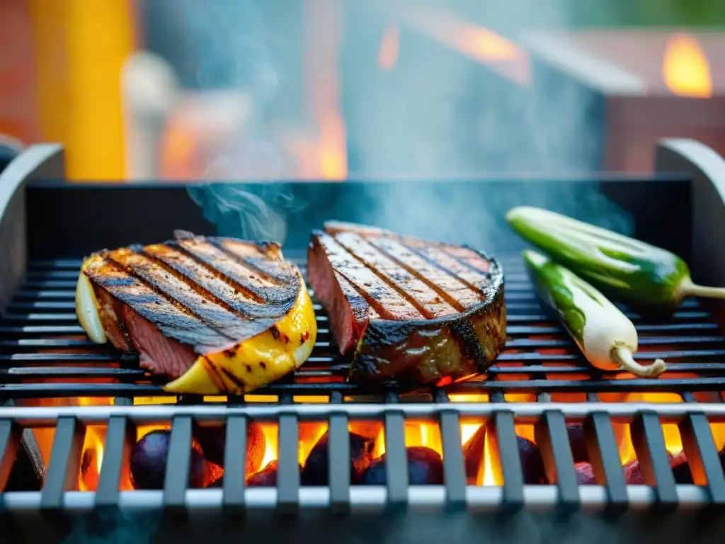 Grill brillante con marcajes y alimentos frescos listos para asar