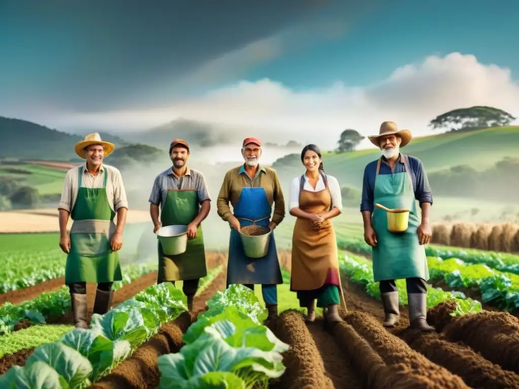 Un grupo de agricultores uruguayos trabajando en un campo verde bajo el sol, mostrando la esencia del asado ético y sostenible en Uruguay