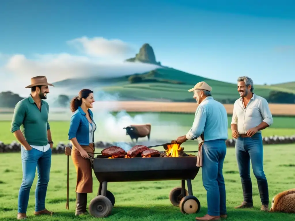 Grupo de agricultores uruguayos cocinando carne ética en una parrilla, en armonía con la naturaleza