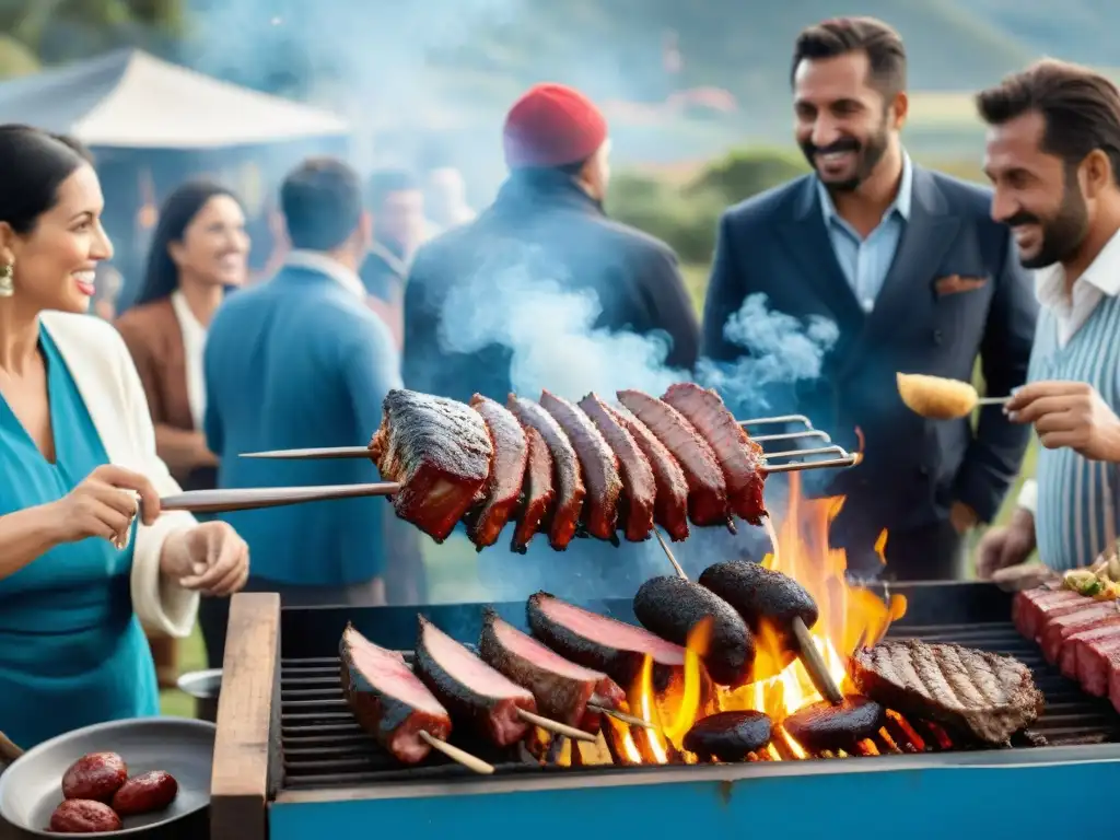 Grupo alegre disfrutando de un asado uruguayo en un entorno rústico bajo el sol, lugares para degustar asado uruguayo