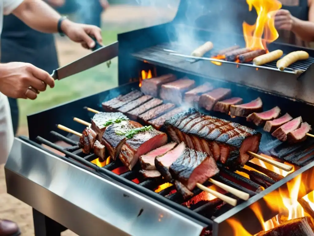 Un grupo de amigos fomentando unión y amistad alrededor de un asado uruguayo, compartiendo risas y momentos especiales