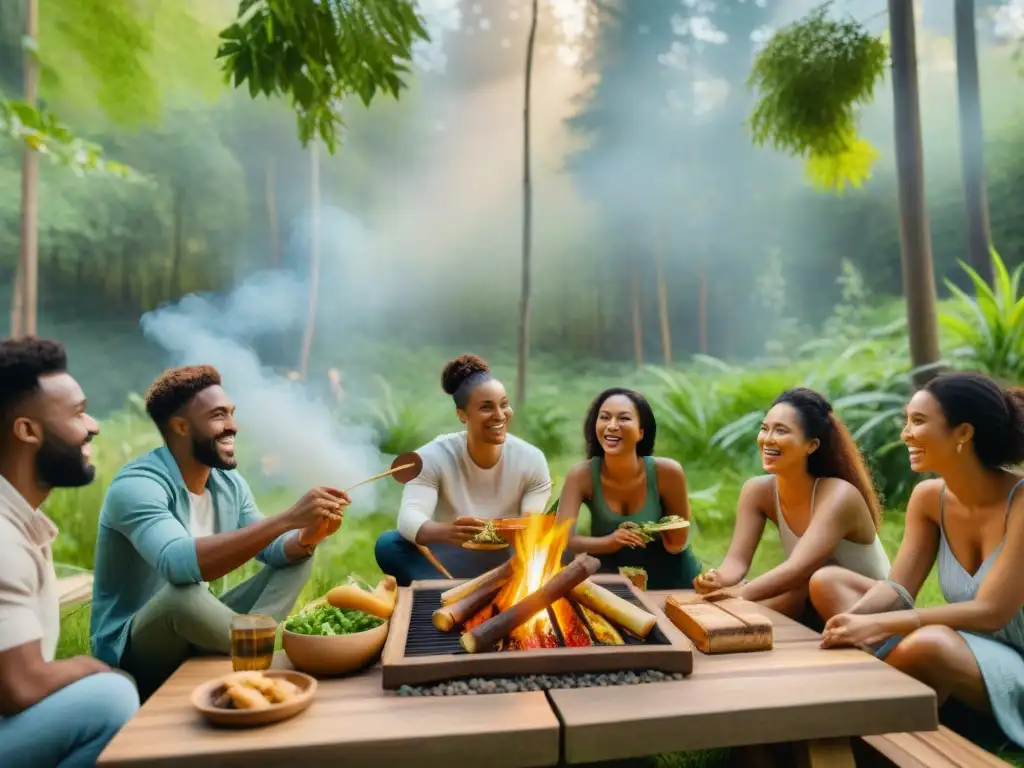 Un grupo de amigos disfruta de un asado al aire libre sostenible en un claro del bosque, rodeados de naturaleza y armonía