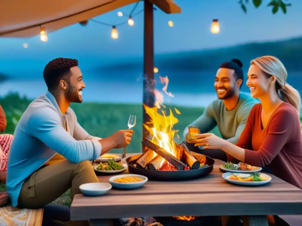 Un grupo de amigos disfruta de un asado al aire libre sostenible alrededor de una fogata bajo un cielo estrellado