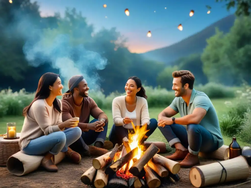 Un grupo de amigos disfruta de un asado al aire libre sostenible bajo las estrellas, en una noche mágica y armoniosa