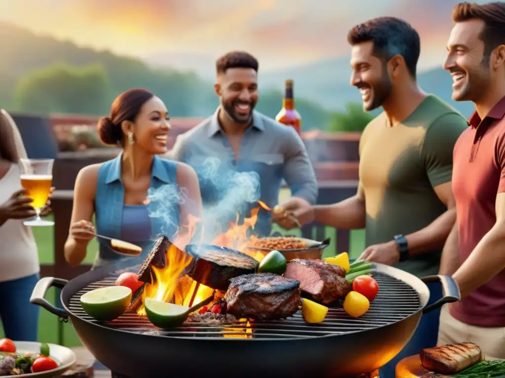 Grupo de amigos disfrutando de un asado bajo el atardecer dorado, en un concurso de fotografía asado criterios evaluación