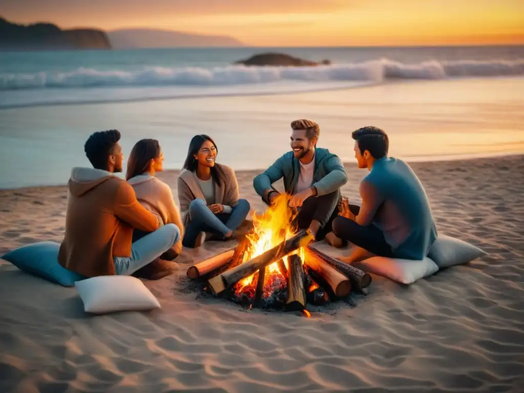 Un grupo de amigos disfrutando de un asado en la playa al atardecer, con una fogata brillante