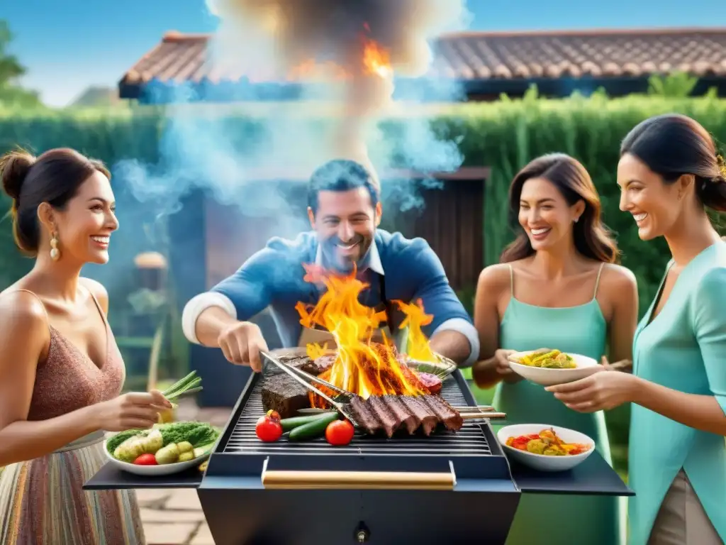 Un grupo de amigos disfruta de un asado solar paso a paso, con el sol brillando sobre ellos mientras cocinan