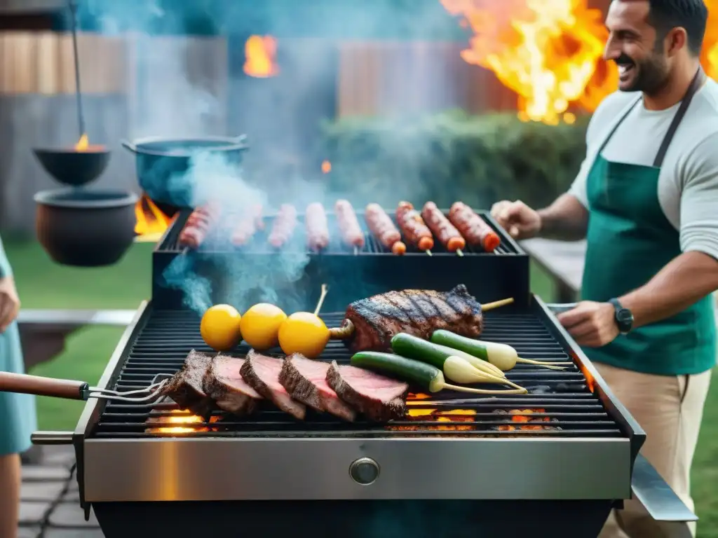 Un grupo de amigos disfrutando de un asado uruguayo en un ambiente acogedor