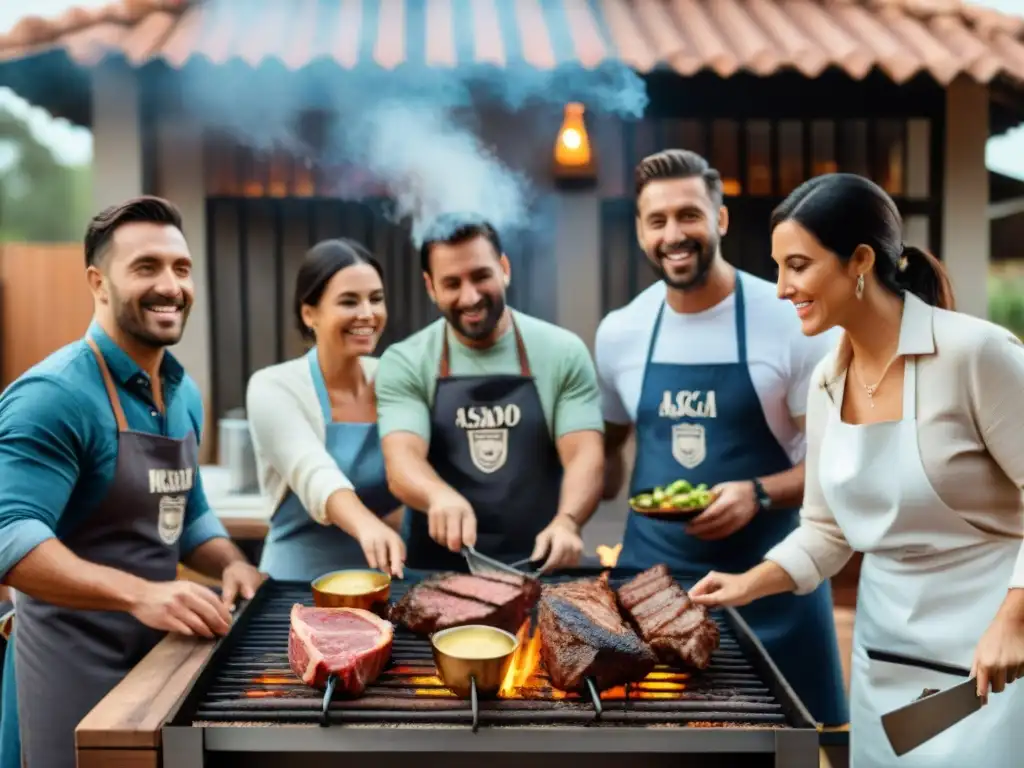 Un grupo de amigos disfruta de un asado uruguayo en un ambiente cálido y acogedor, mientras uno de ellos destaca con su delantal de 'Marca Personal'