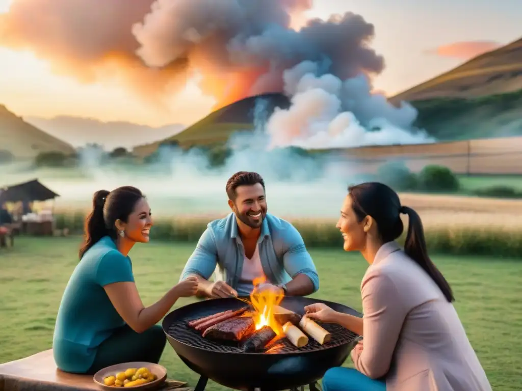 Un grupo de amigos disfruta de un asado uruguayo en el campo, fomentando unión y amistad bajo el cálido atardecer