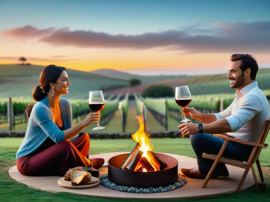 Grupo de amigos disfrutando de un asado uruguayo en viñedo al atardecer, maridaje vinos asado uruguayo