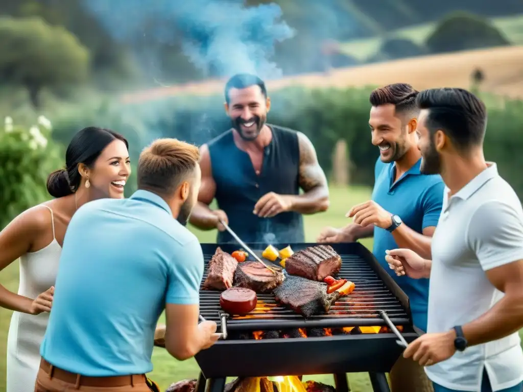 Grupo de amigos disfrutando de un asado uruguayo en el campo