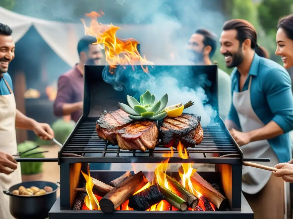 Un grupo de amigos cocinando carne de camello en una animada parrillada al aire libre