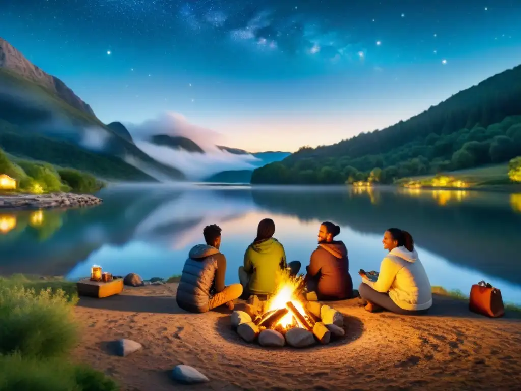 Un grupo de amigos diversos disfruta de un asado al aire libre sostenible alrededor de una fogata bajo un cielo estrellado