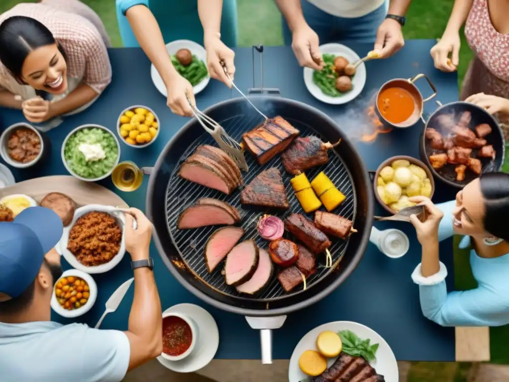 Un grupo de amigos diversos disfrutando de un asado en el patio, fomentando unión y amistad