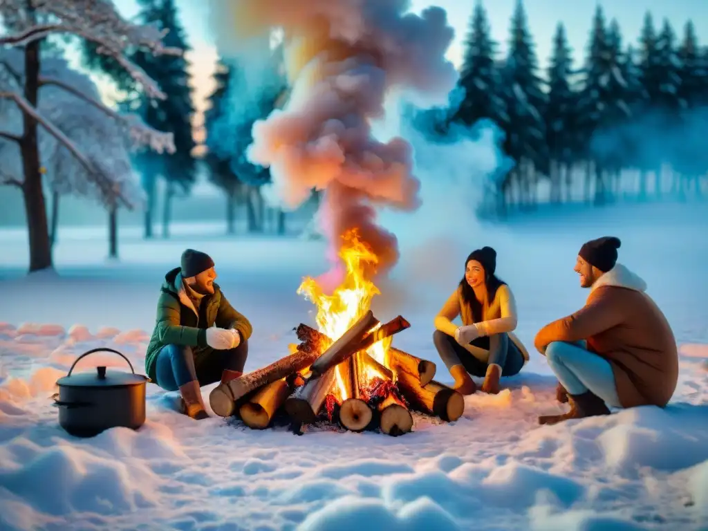 Un grupo de amigos se ríe alrededor de una fogata en la nieve, asando deliciosos filetes en una parrilla rústica