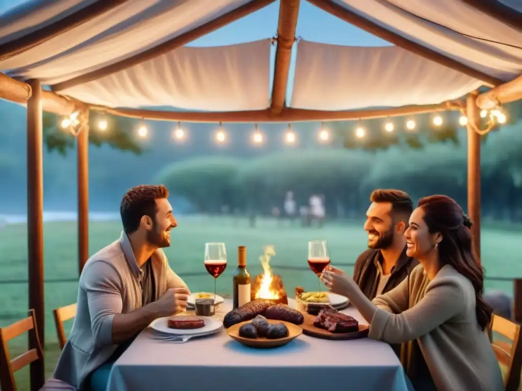 Grupo de amigos disfrutando de maridajes audaces para asado uruguayo bajo luces de hadas