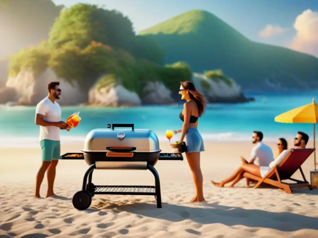 Un grupo de amigos disfruta en la playa alrededor de una parrilla portátil de calidad al atardecer