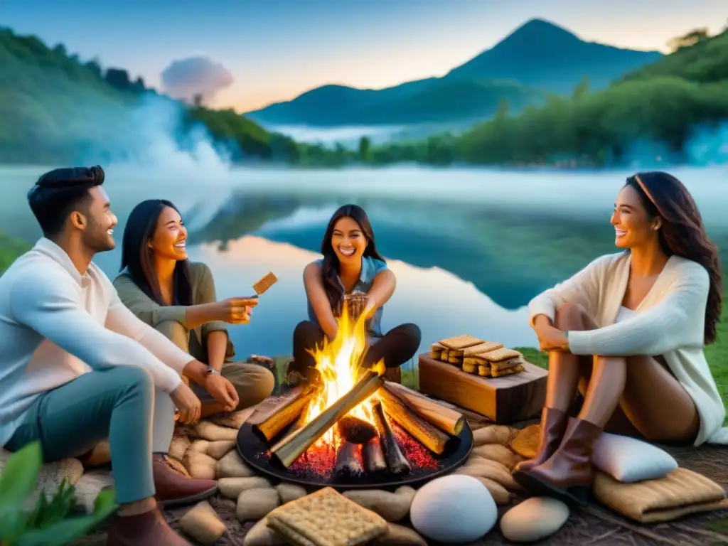 Un grupo de amigos disfruta de s'mores uruguayos alrededor de una fogata en una noche estrellada, creando un ambiente acogedor y mágico