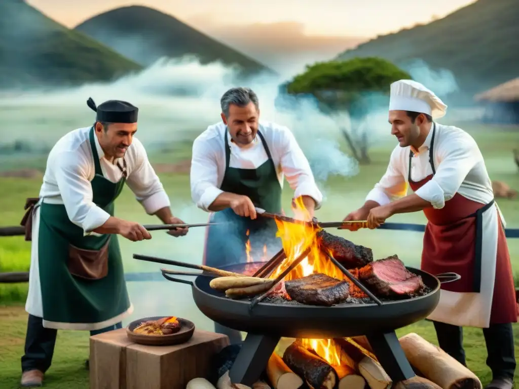 Un grupo apasionado de chefs en trajes tradicionales uruguayos preparando un asado sobre fogata, demostrando sus habilidades en un entorno rural