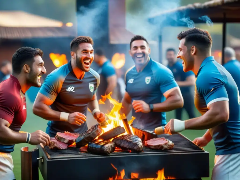 Un grupo de apasionados jugadores de rugby disfruta de un asado uruguayo al atardecer, combinando deporte y tradición culinaria