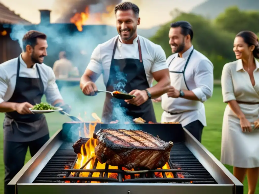 Grupo disfruta de asado al atardecer en patio verde