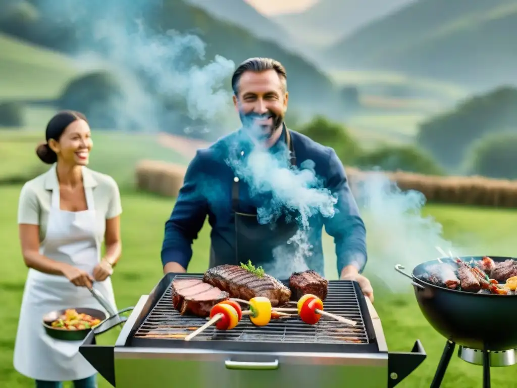 Un grupo disfruta de un asado sostenible en el campo, con cortes de carne uruguaya a la parrilla