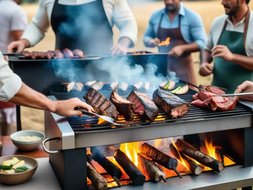 Grupo disfruta asado uruguayo, evitando errores comunes, entre risas y consejos, capturando la esencia del parrillero