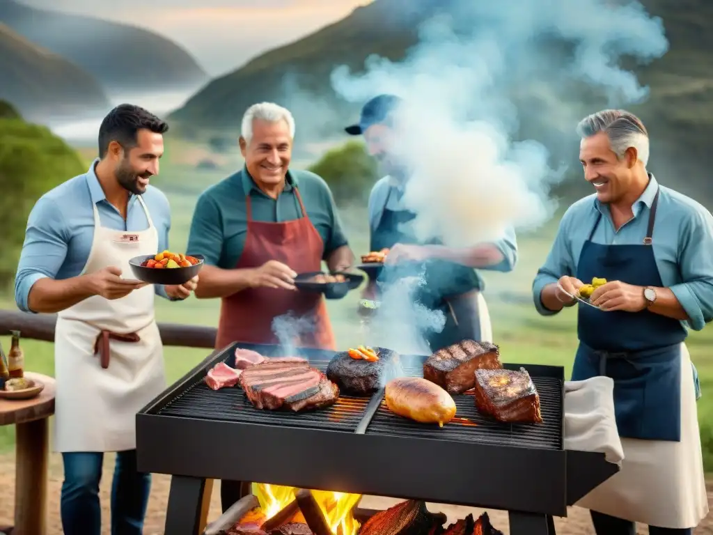 Un grupo de asadores con certificaciones asado uruguayo maestría, expertos en la parrilla, creando una experiencia culinaria auténtica