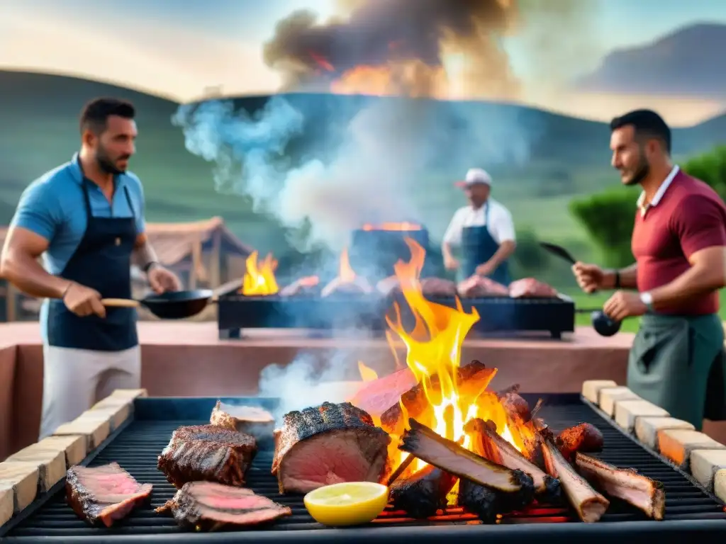 Grupo de asadores compitiendo en un concurso de asado al atardecer