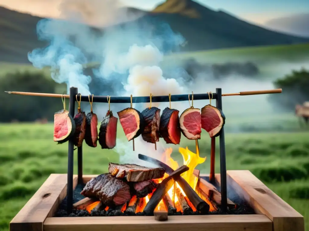 Un grupo de asadores expertos en trajes tradicionales uruguayos, preparando cortes premium sobre parrilla de leña en el campo