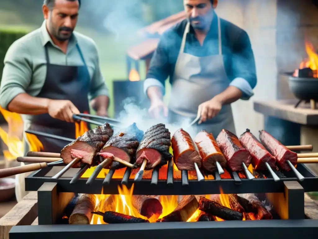 Un grupo de asadores uruguayos preparando un asado tradicional con precisión y pasión en el campo