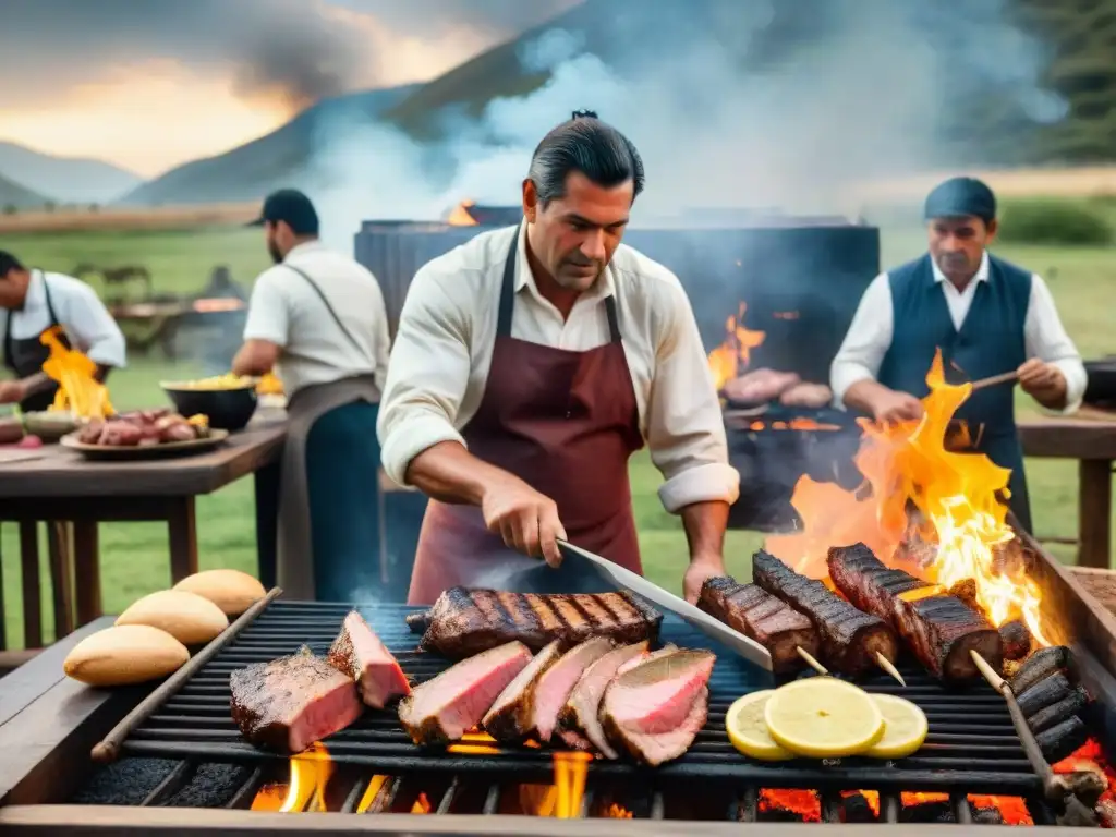 Un grupo de asadores uruguayos expertos, cocinando a la perfección en una parrilla gigante