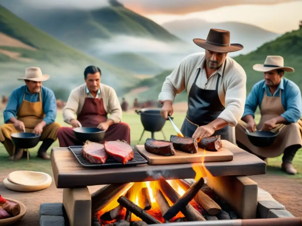 Un grupo de gauchos preparando un auténtico Asado con Cuero Uruguayo en el campo, con la piel crujiente brillando bajo las llamas