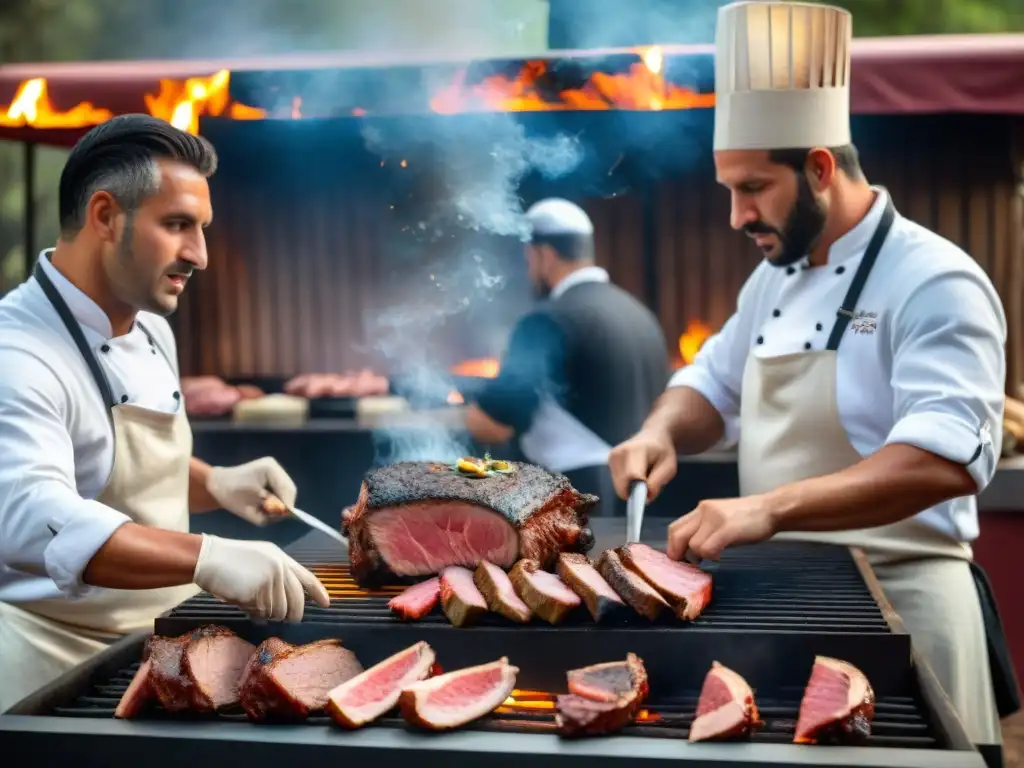 Un grupo de chefs en atuendo tradicional uruguayo preparando cortes de carne sobre brasas, demostrando su destreza en el asado Uruguayo