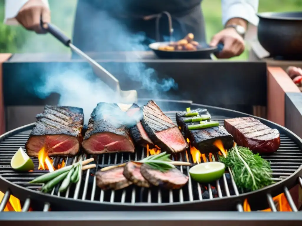 Un grupo de chefs preparando cortes suculentos de asado uruguayo sobre una parrilla de leña, rodeados de hierbas frescas y humo aromático