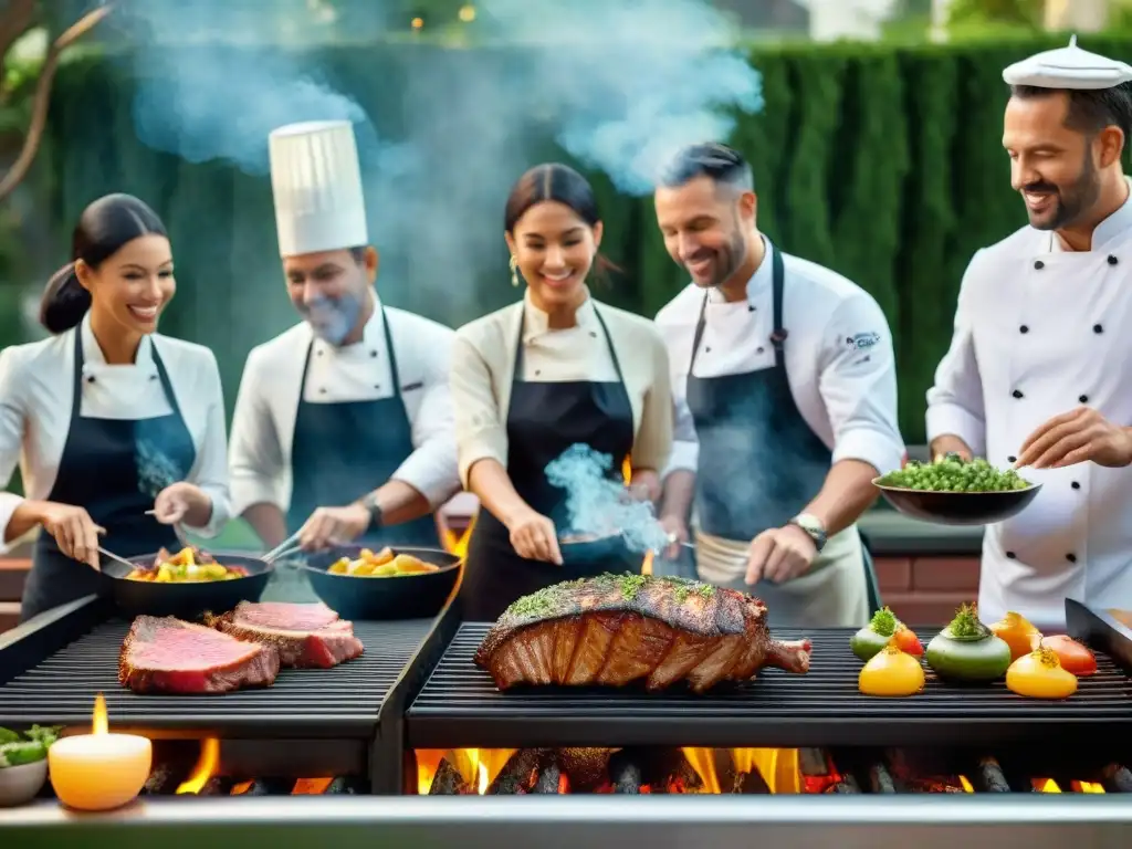 Un grupo de chefs experimentados asando carne con técnicas avanzadas en una parrilla de última generación, rodeados de un ambiente acogedor y natural