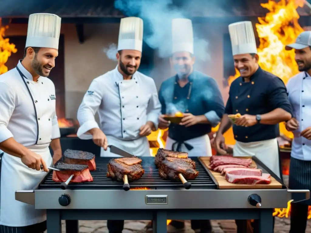 Un grupo de chefs expertos en atuendo tradicional uruguayo compartiendo consejos asado uruguayo alrededor de la parrilla humeante