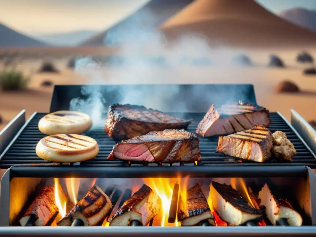 Un grupo de chefs expertos asando carne de camello en una parrilla gigante en el desierto