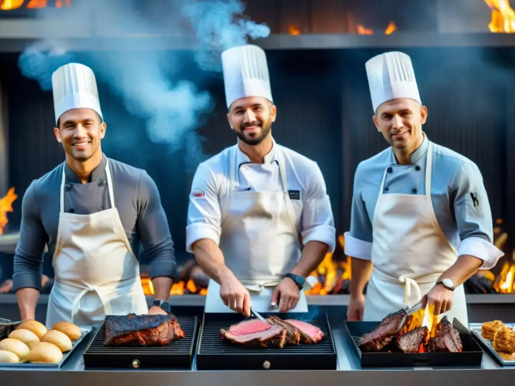 Un grupo de chefs expertos preparando cortes de carne en una parrilla gigante, mostrando su habilidad