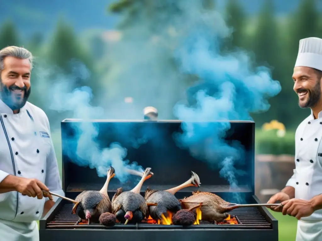 Un grupo de chefs expertos sorprendiendo con técnicas de asado de avestruz en una parrilla gigante al aire libre