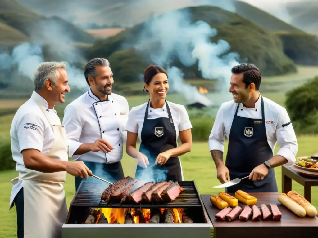 Un grupo de chefs internacionales en una parrilla uruguaya, fusionando recetas asado uruguayo chef internacional