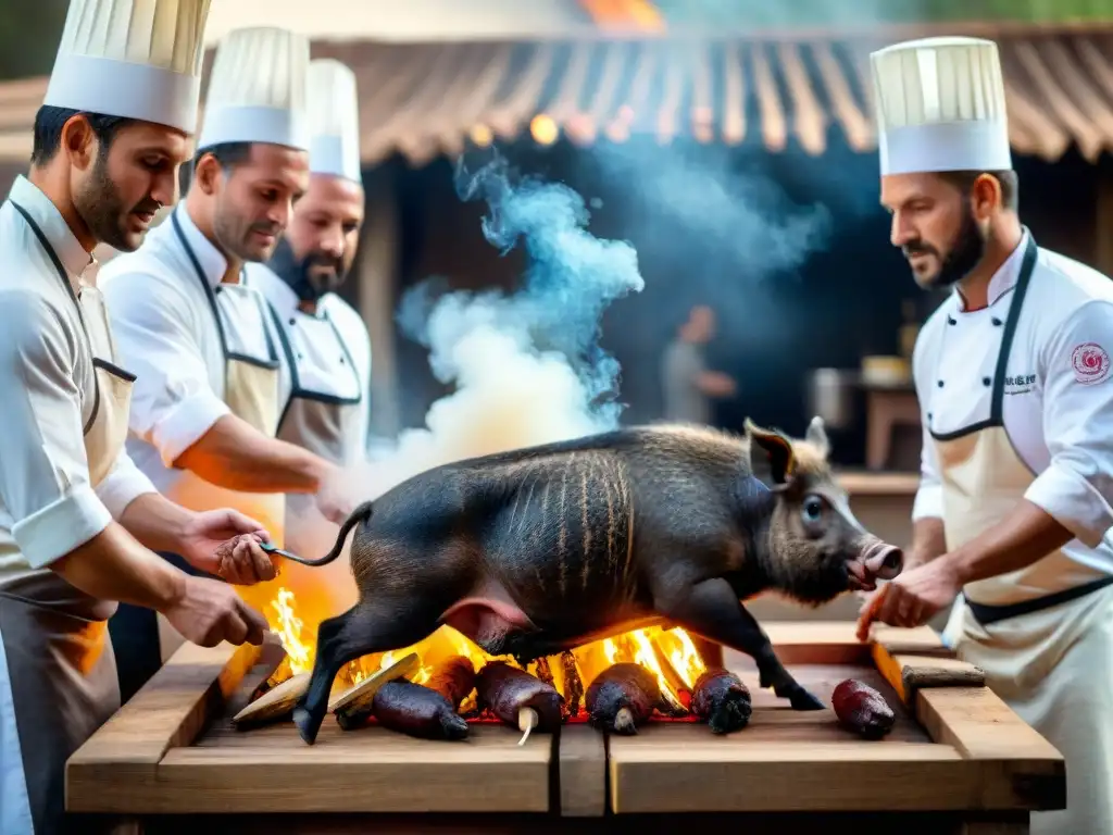 Un grupo de chefs preparando un jabalí para un asado al aire libre, rodeados de herramientas tradicionales