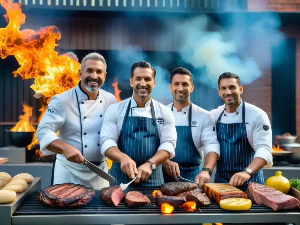 Un grupo de chefs y parrilleros en Uruguay exhibiendo sus certificaciones técnicas de asado uruguayo