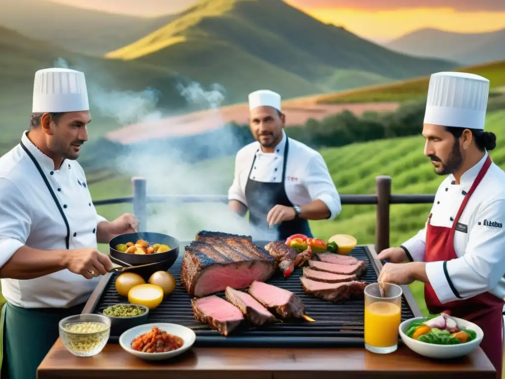 Un grupo de chefs y parrilleros uruguayos en un asado tradicional, con el atardecer iluminando la escena